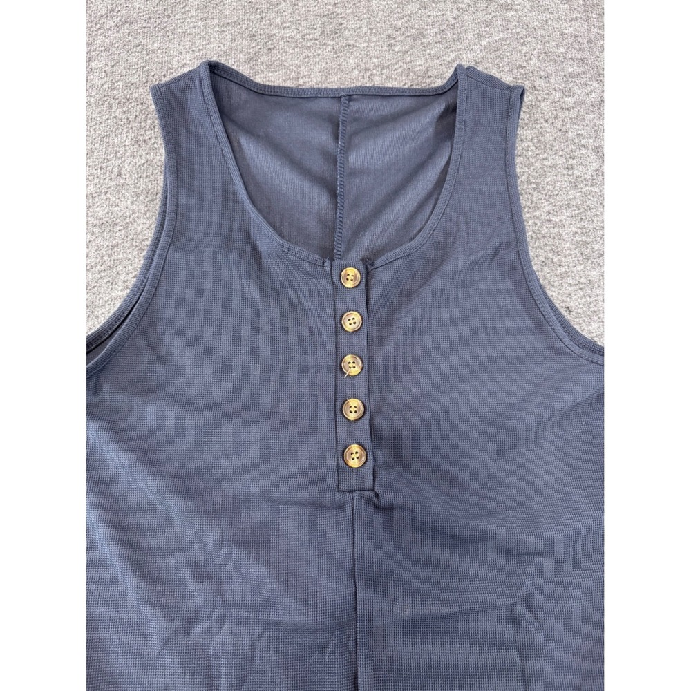 Waffle Knit Henley Romper Navy Blue Sleeveless Pocketed Jumpsuit Women Large - Picture 7 of 9